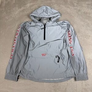 Guess Places Faces Anorak Jacket Mens M Gray Preowned Hooded Quarter Zip Outdoor